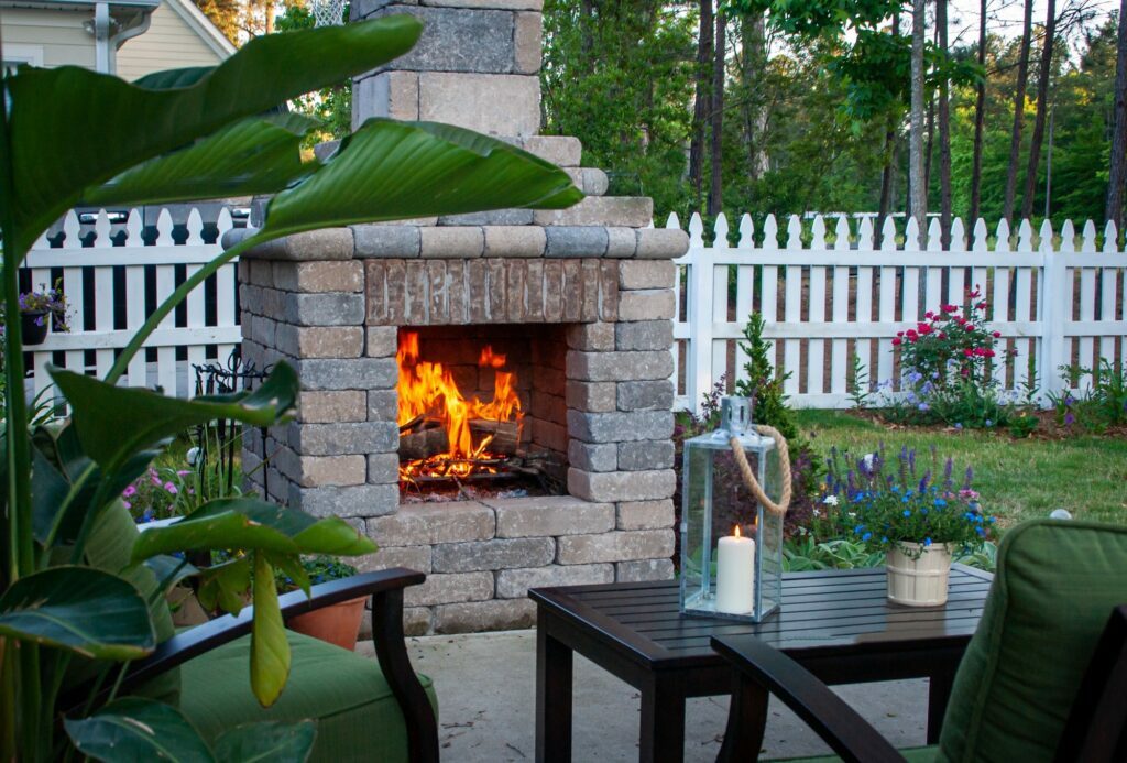 Outdoor living space with fire place