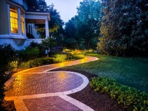 Elegant Outdoor Upgrade: Custom Stone Walkway, Hot Tub Pad and Landscape Lighting near Charleston, WV